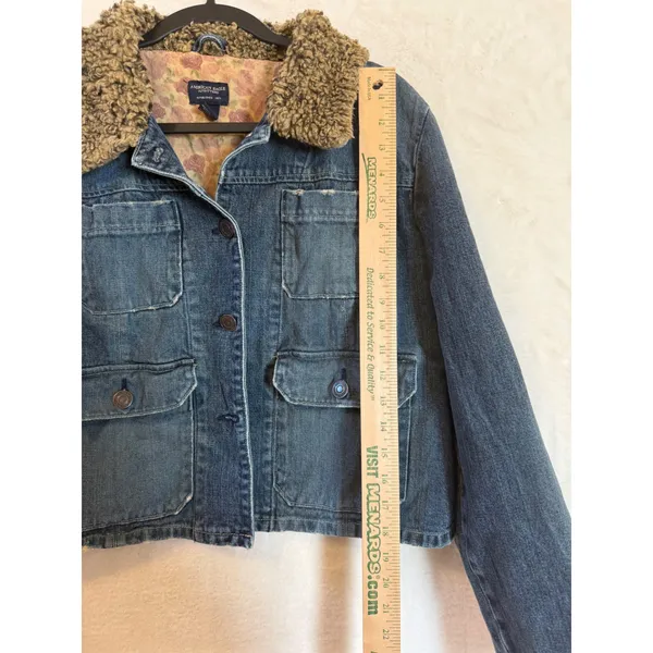 American Eagle Denim Jacket XL Womens Faux Shearling Collar Floral Lining Blue - Image 2