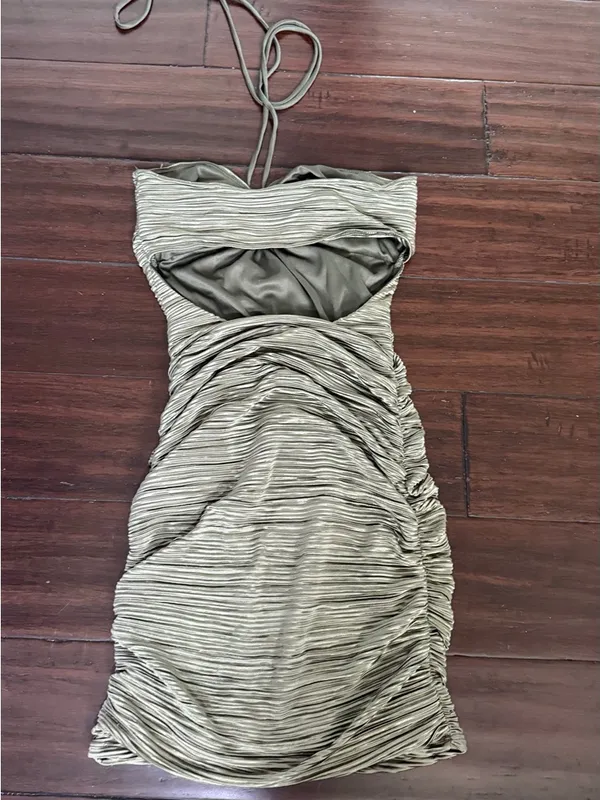 Lucy in the Sky Olive Ruched Strapless Halter Mini Dress Small - Image 7