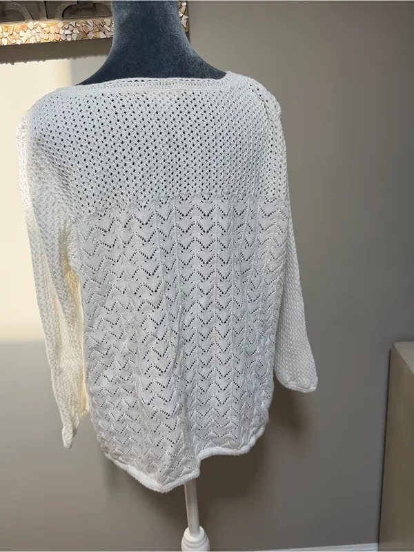 LL Bean White Pointelle Linen Cotton Cardigan 1X Crochet Feminine Grandmacore - Image 4