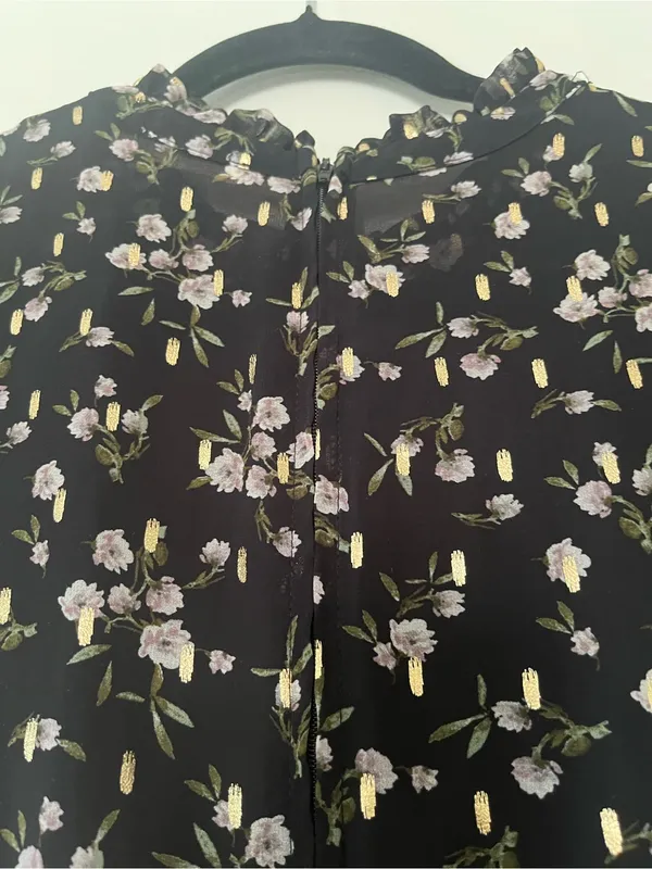 Black Pink Dainty Floral Chiffon Puff Sleeve Mini Dress Small Romantic Tea Party - Image 9