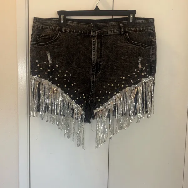 New Collection festival Silver Fringe Denim stretchy cowgirl Shorts size XXL - Image 4