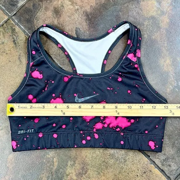 Nike Dri-FIT Black Neon Pink Splatter Racerback Sports Bra Swoosh - Image 3