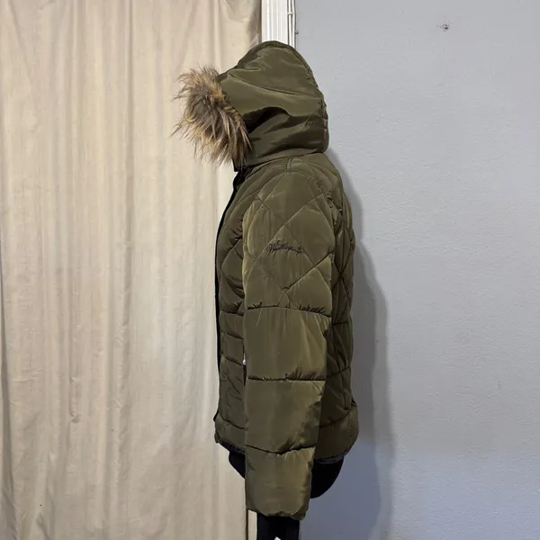 Weatherproof Olive‎ Green Quilted Puffer Jacket Faux Fur Trim Hood Women's Sz L - Image 5