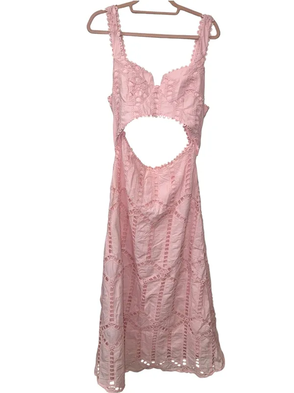 Commense Pink Eyelet Embroidery Cutout Waist Midi Dress Size L NWT - Image 2