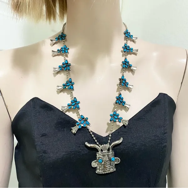 Vintage Kachina Mask Faux Turquoise Southwestern Style Squash Blossom Necklace - Image 4