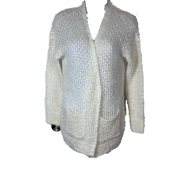 Mudd Fluffy Eyelash Knit Cardigan XS Cream Cozy Soft Girl Open Front Cottagecore - Image 9