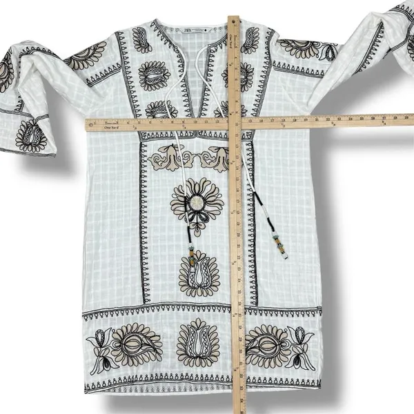 Zara Boho Embroidered Textured Cotton Tunic Shift Mini Dress White Tan Black XS‎ - Image 13