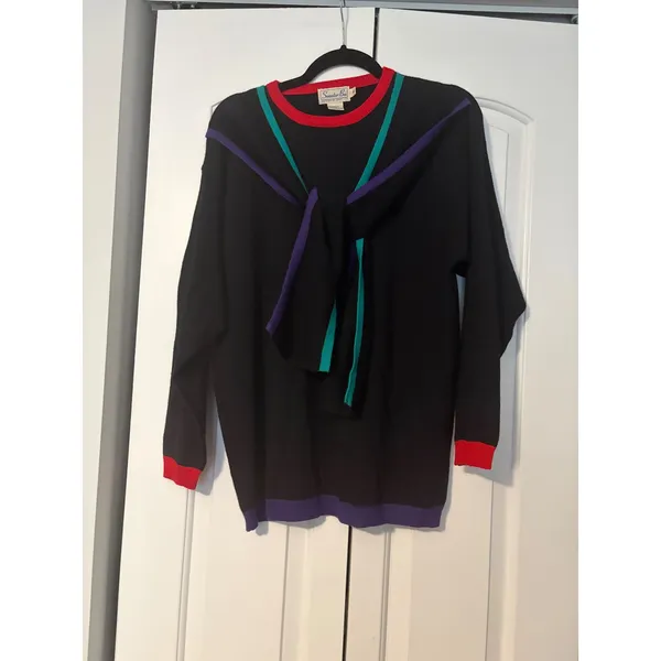 Sweater Bee‎ Black Purple Green Red Trim Long Sleeve Knit Sweater Size S - Image 7