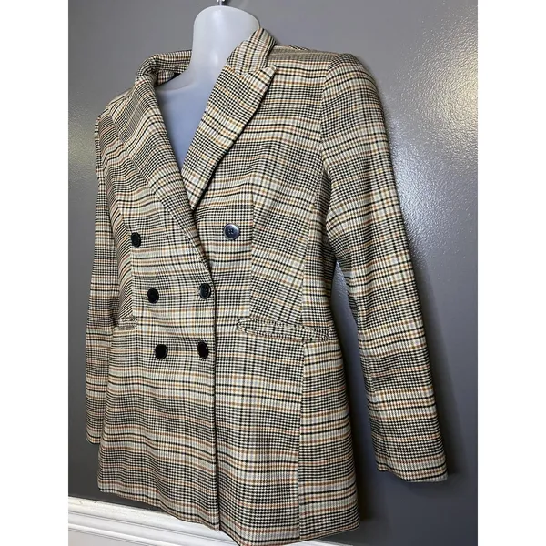 Marled Blazer Womens S Beige Plaid Double Breasted Lined Notch Lapel Jacket - Image 4