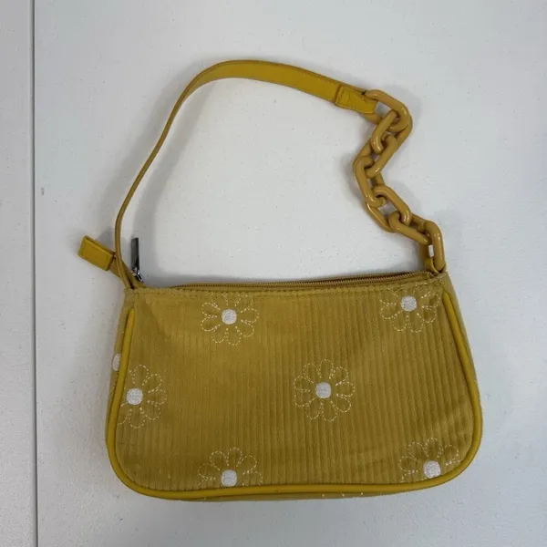 Art Class Y2K‎ Style Mini Bag Wristlet Yellow Corduroy Purse Embroidered Flowers Cottage - Image 6