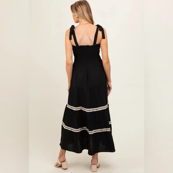 NWT Signify Black Smocked Maxi Dress Coquette Boho Ribbon & Lace Tiered Sundress - Image 2