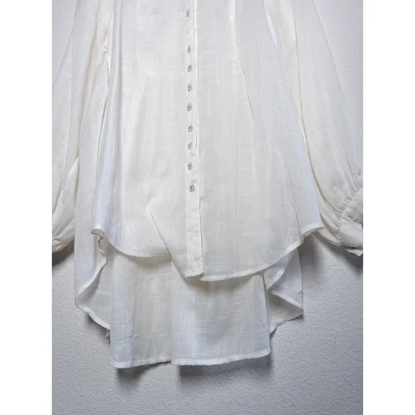 Free People Ivory Button Up High Low Tunic Embroidered Cutout Back M - Image 7