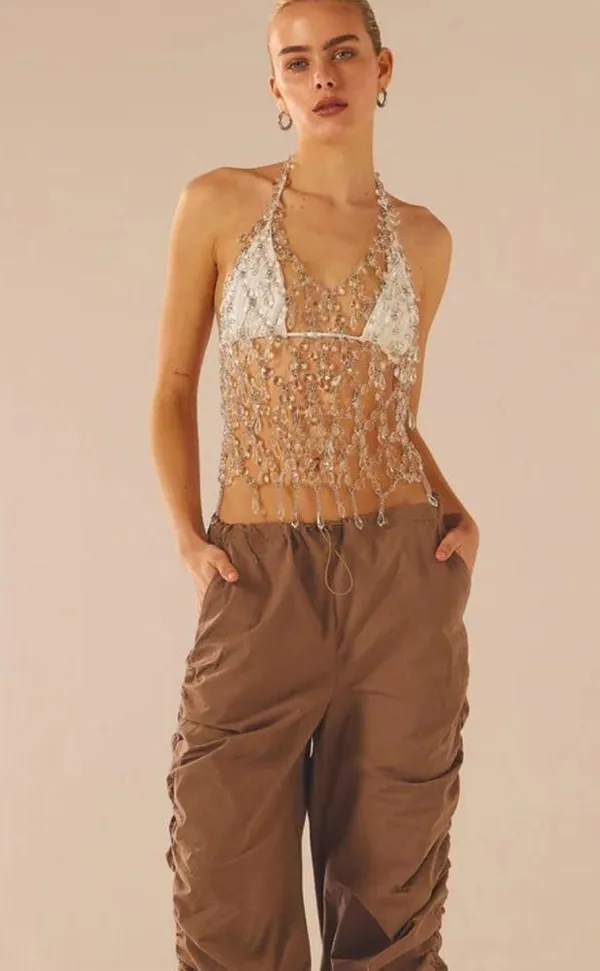 Peppermayo Crystal Embellished Crop Top - Silver and White - Image 4