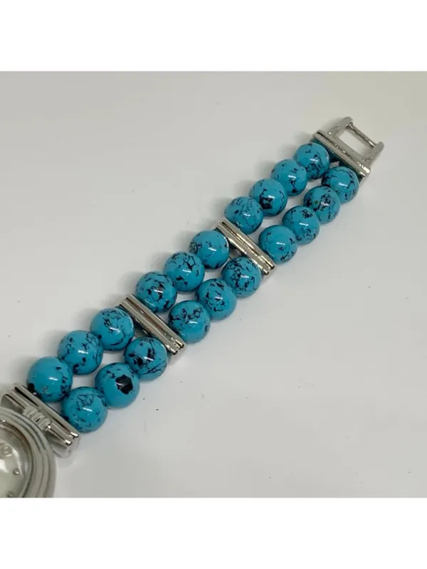 turquoise beaded bracelet silver tone women watch mop dial 19mm oval 7” running - Image 4
