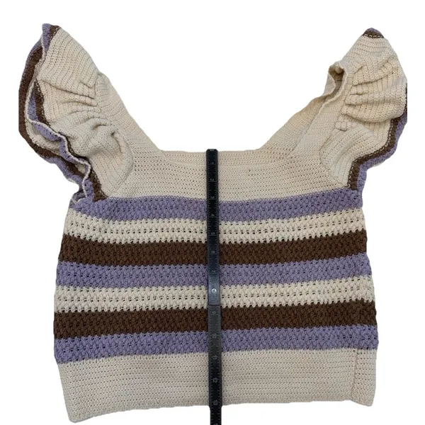 MNG Mango Beige Striped Knit Ruffle Flutter Sleeve Square Neck Cropped Top S - Image 9