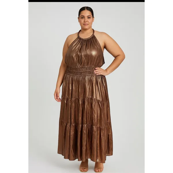 A.L.C. Elara Metallic Silk Halter Maxi Dress Bitter Chocolate 14 wedding guest - Image 3