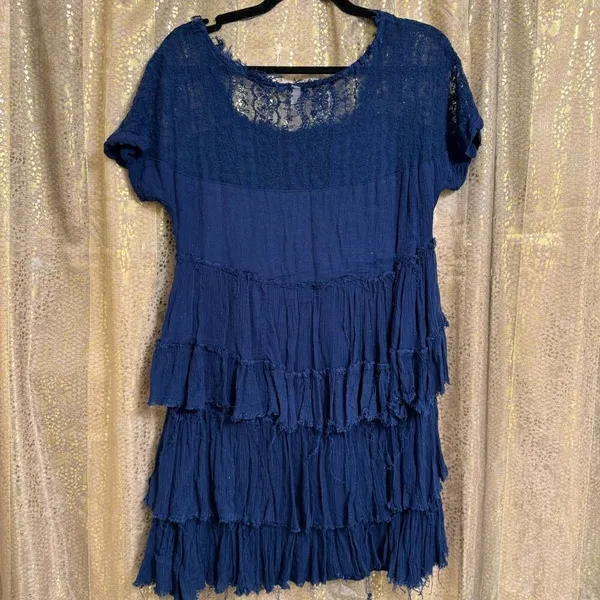 Free People Navy Blue Tiered Distressed Boho Lace Embroidered Dress Small - Image 2