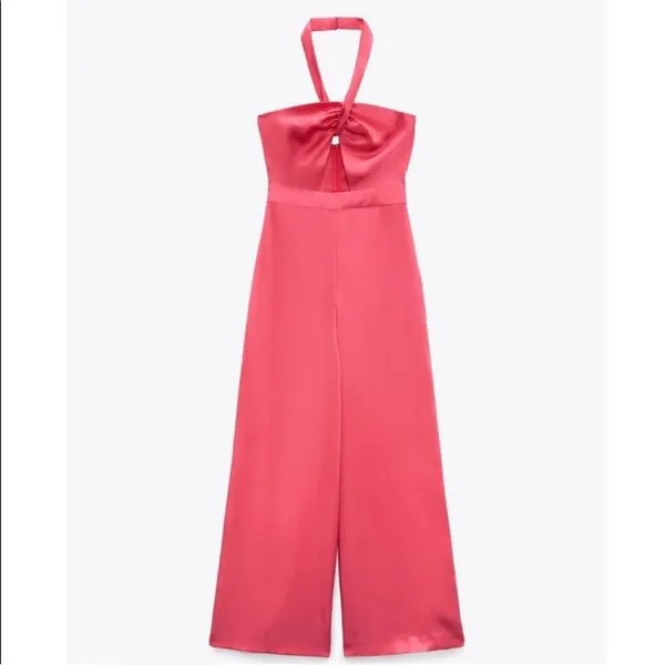 Zara Satin Halter Wide-Leg Jumpsuit in Hot Pink - Image 5