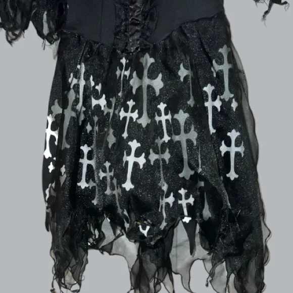 Gothic Black torn shredded look Dress with White Cross Pattern Size L - Image 10