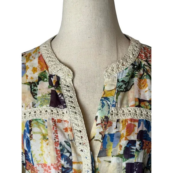 Maeve Abella Blouse Women 0 Ivory Floral Patchwork Pin Tuck Cotton Top Boho - Image 4