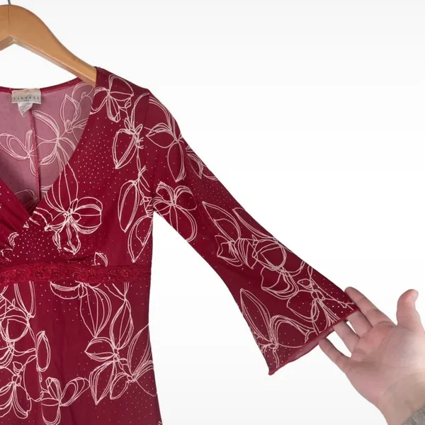 Vintage Y2K Finesse 3/4 Sleeve Red Floral Lace Waist Dress Women’s Medium Boho - Image 4
