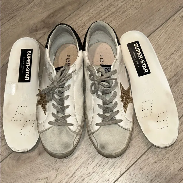 Golden Goose White Sneakers with Gold Star and Black Glitter Heel Tab Size 39 - Image 11