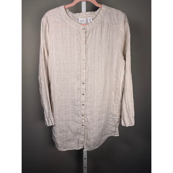 Antibes‎ Blanc Linen Blend Metallic Stripe Swim Cover Up Tunic Dress - Image 3