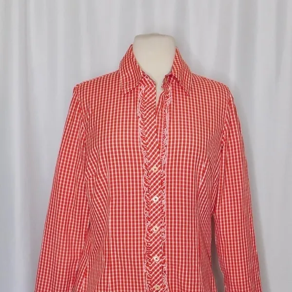 LILLY PULITZER Red White Blue Gingham Plaid Ruffled Buttondown Top Blouse Size 6 - Image 3