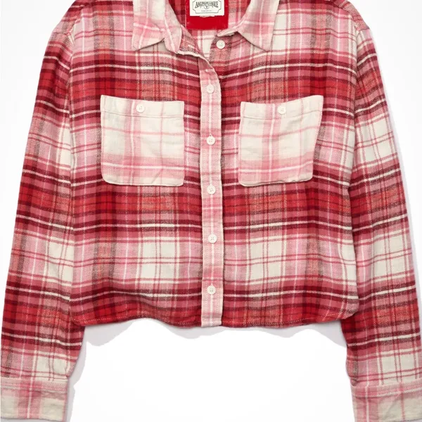 American Eagle Outfitters Pink Plaid Crop Flannel Shirt - Image 4