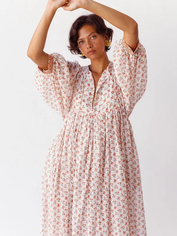 Daughters of India Kyra Coral Floral V-Neck Maxi Dress 3/4 Balloon Sleeve S - Image 4
