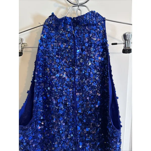 Vintage Laurence Kazar Blue Silk Hand Sequined‎ Halter Top Sz Small 90's Retro - Image 6