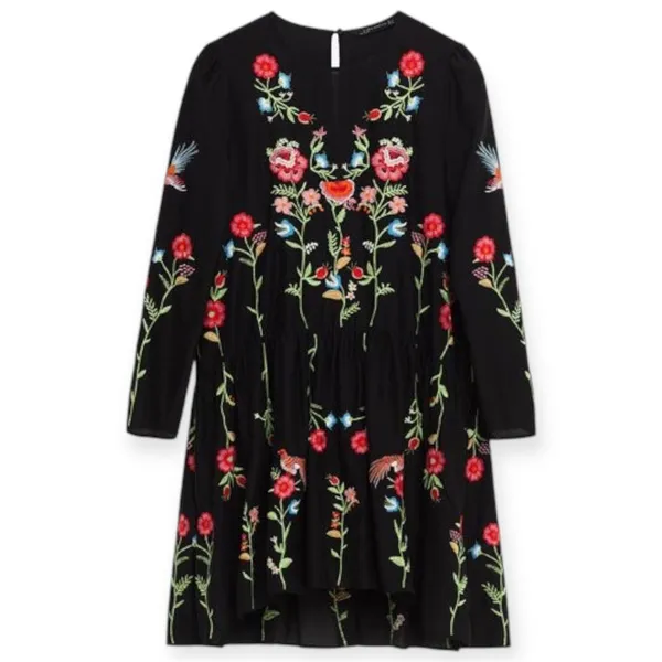 Zara Embroidered‎ Bird & Floral Black Shift Dress Cottagecore Bohemian Sz Small - Image 4