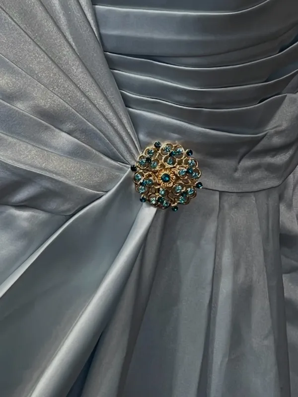 #225 Pale blue satin gown V-Neck Pleated Side Slit A-line Dress-XL/Size 14/16 - Image 8