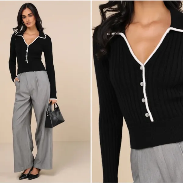 LULUS Chic Black and White Long Sleeve Ribbed Knit Cozy Casual Cardigan - Image 2