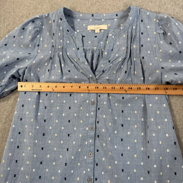 LOFT Women's Medium Blue Swiss Dot Chambray Button Front Dress Short Sleeve - Image 7