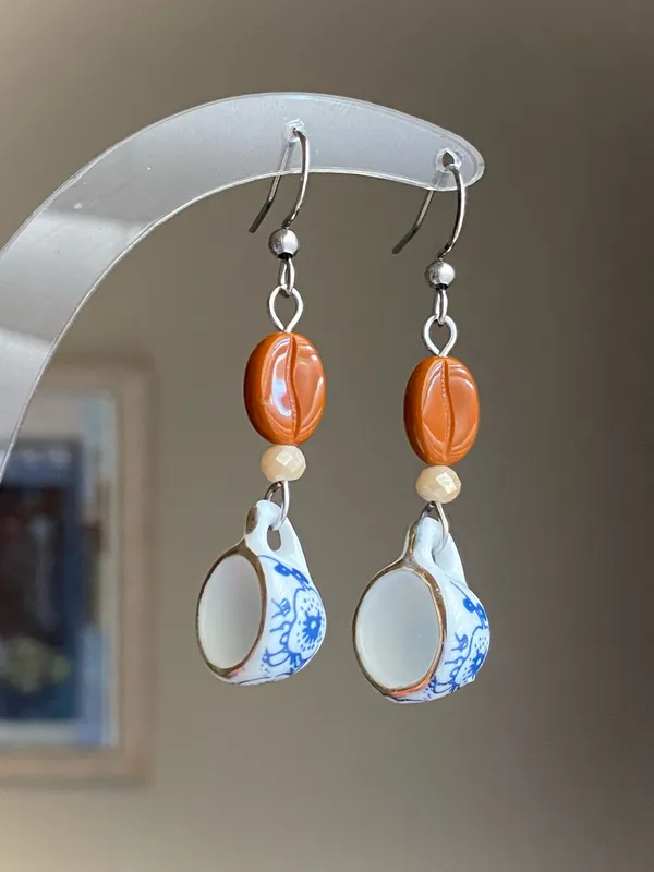 Handmade porcelain mug cup & coffee beans unique fun fairy antique style dangle earrings☕️🍃🌀 - Image 2