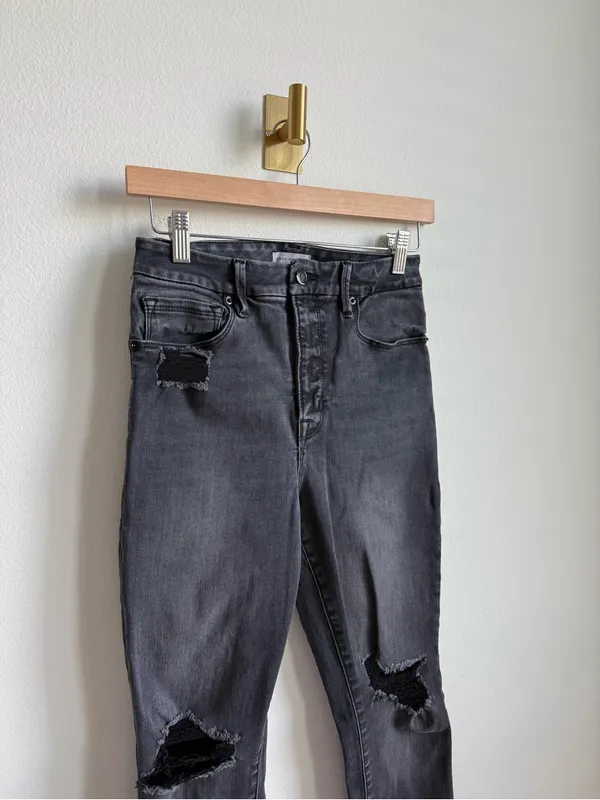 Good American Good Waist Crop Raw Step Jeans Black Distressed Size 27 - Image 4