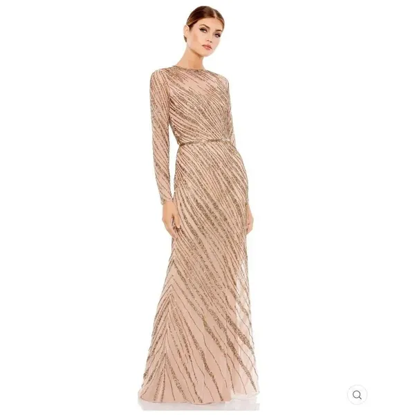 Mac Duggal 5240 Womens Long Sleeve Beaded Column Gown Dress Mocha - Image 6