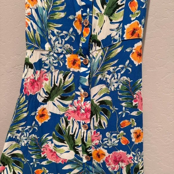 Bershka Blue Colorful Floral Mini Collared Button Down‎ Dress Sz Small - Image 4