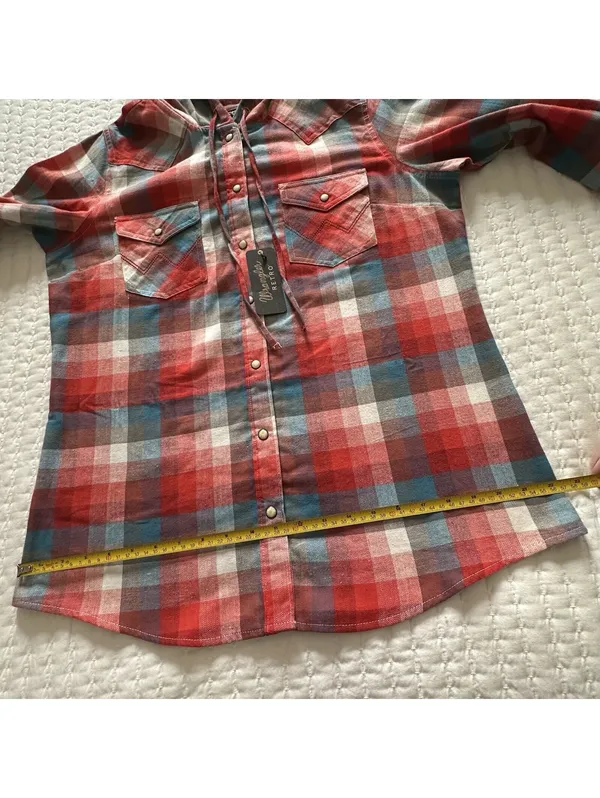 Wrangler Retro Hooded Plaid Western Shirt Snap Front Flannel Hoodie Red L Large - Image 11
