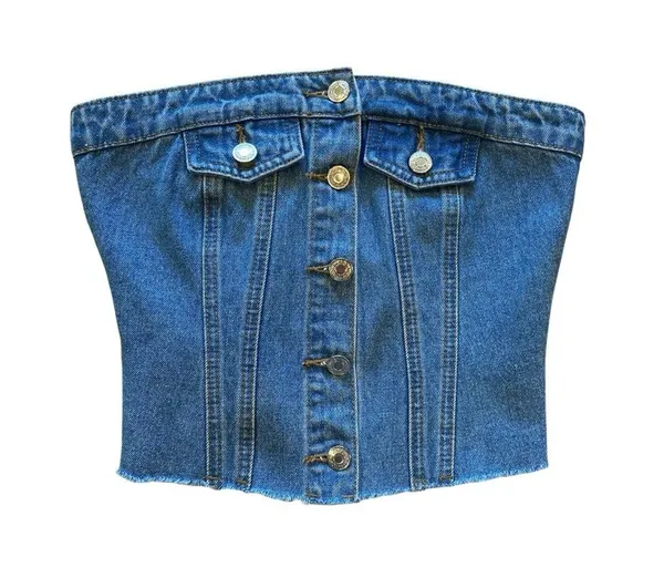 Edikted Denim Strapless Corset Bustier Top - Image 3