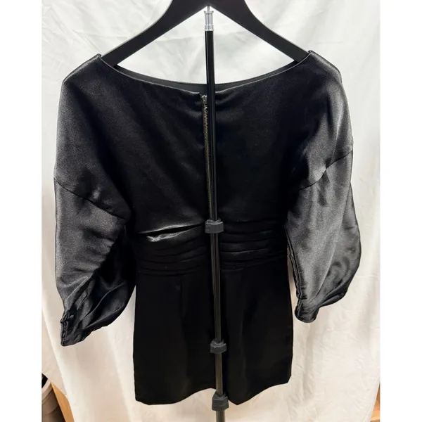 h:ours $218 Women's Cristiano Satin Puff Sleeve Pleated Mini Dress in Black Sz 0 - Image 4