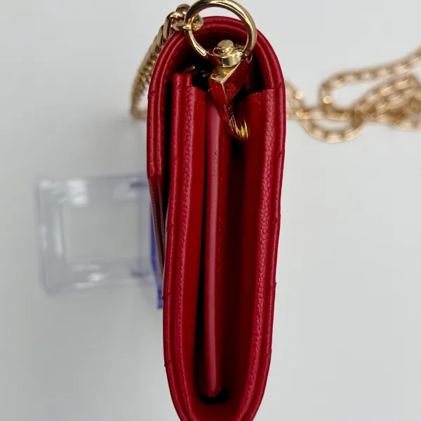 Yves Saint Laurent YSL Monogram Chevron Leather Clutch Crossbody Wallet with Chain Red - Image 11