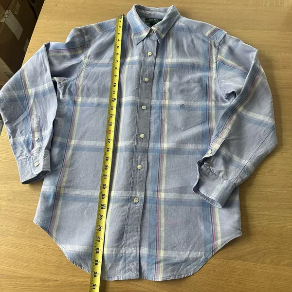 Vintage 100% LInen Lauren Ralph Lauren Button Down Shirt Sz M Plaid Preppy Indie - Image 12