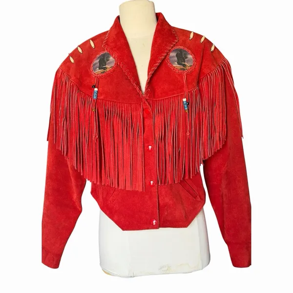 Vintage Red Suede Fringe Jacket Eagle Beaded Western Southwestern Women’s Large - Image 2