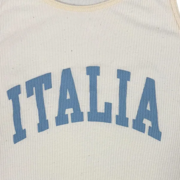 Italia Ribbed Crop Tank Top Womens One Size Cream Blue Graphic Made in Italy Y2K - Image 10