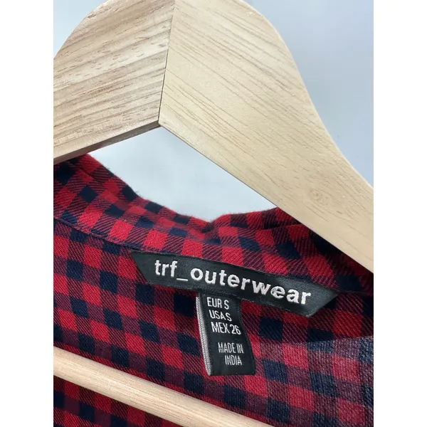 Zara Cardigan Women SMALL Red Navy Blue Plaid Button Front Maxi Dress Duster‎ - Image 9