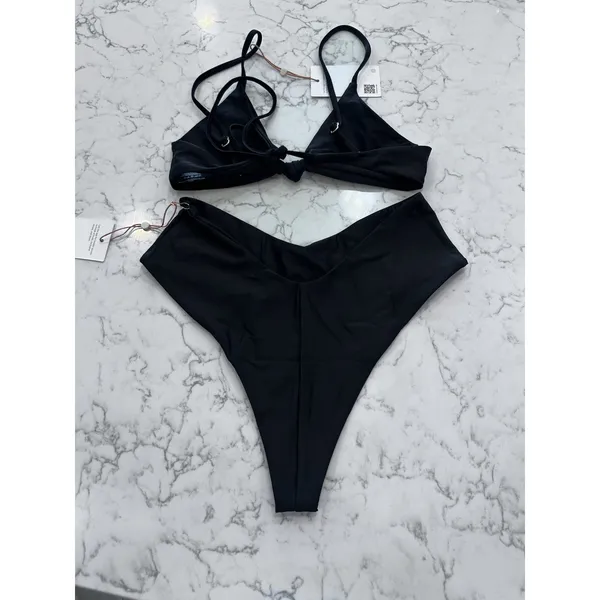 NWT Quince Black Knot Tie Bikini Top & Italian V Cut High Leg Bottom Set Medium - Image 2
