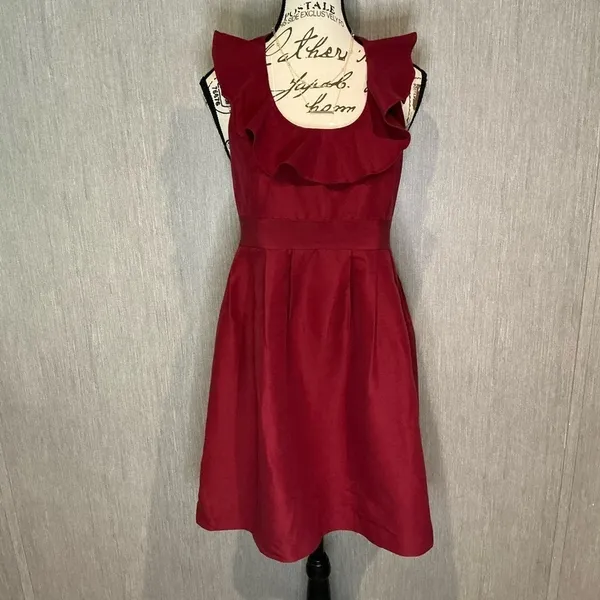 Annie Griffin Deep Red Midi Dress with Ruffle Detail Size 6 - Image 7