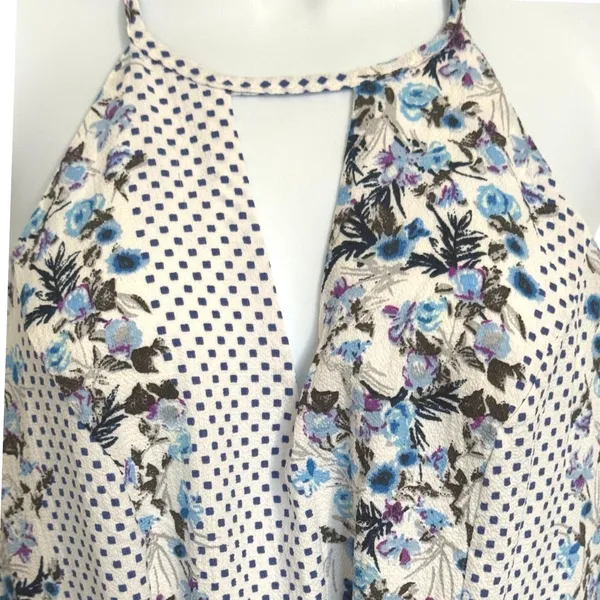 BANJUL Floral‎ Polka Dot Halter Wide Leg Jumpsuit Blue White Tie Waist NWOT M - Image 3